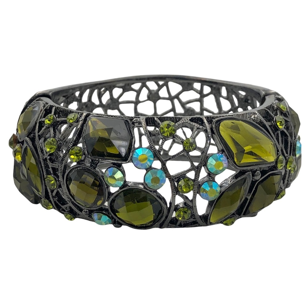 Olive Green Gem & Rhinestone Filigree Statement Hinged Bangle Bracelet
